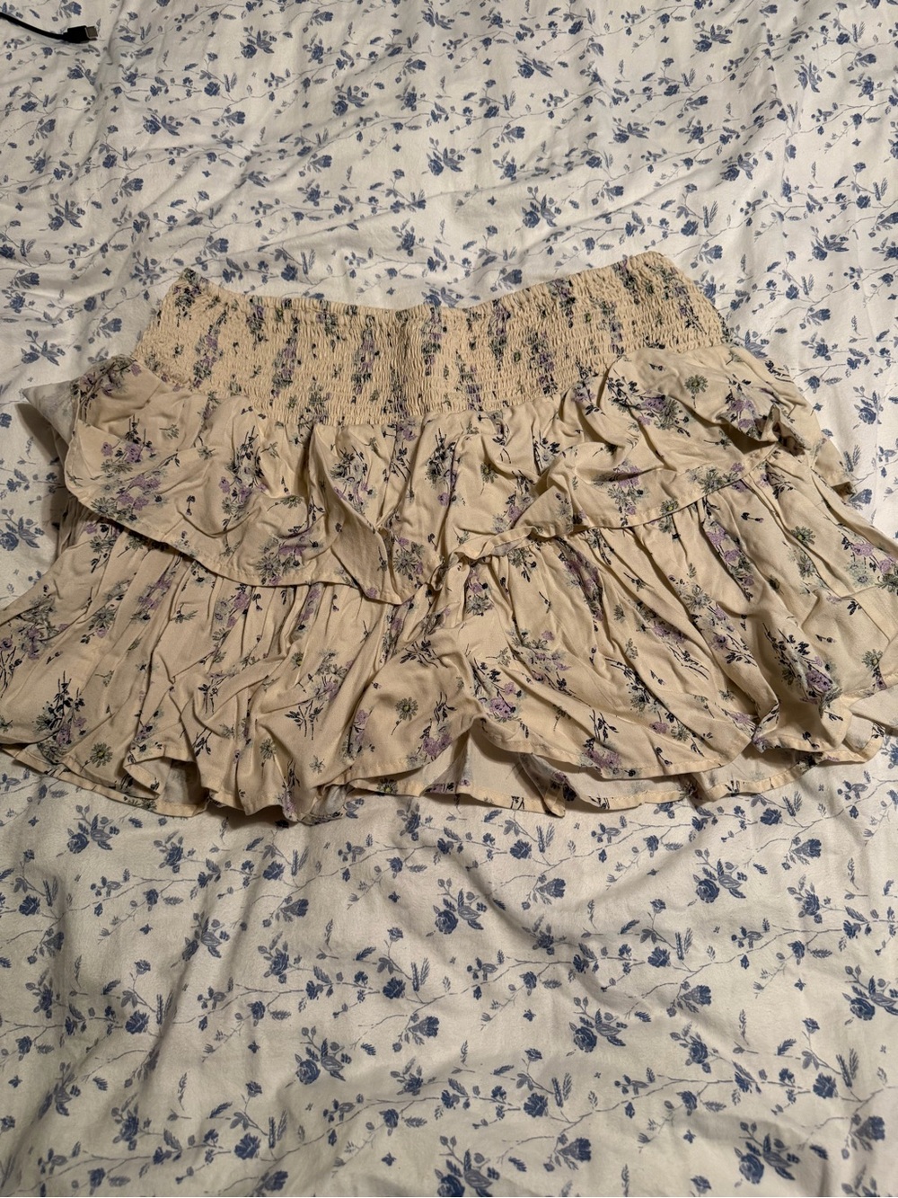 aerie Beige Mini Skirt with Lavender Floral Ruffle